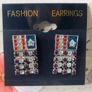 Vintage Rhinestone Patriotic Flag Earrings Red White Blue Forth of July USA